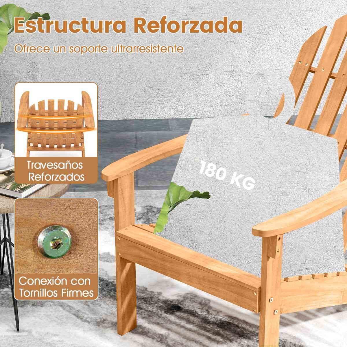 Silla Adirondack de Madera de Acacia con Asiento Inclinado y Respaldo Alto Ergonómica Listones para Porche Jardín Piscina Natural