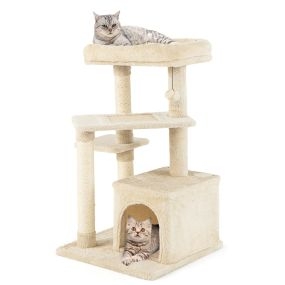 Árbol para gatos de 4 niveles con postes para rascar y plataforma superior de felpa 63 x 56,5 x 85 cm beige