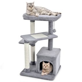 Árbol para gatos de 4 niveles con postes para rascar y plataforma superior de felpa gris 63 x 56,5 x 85 cm