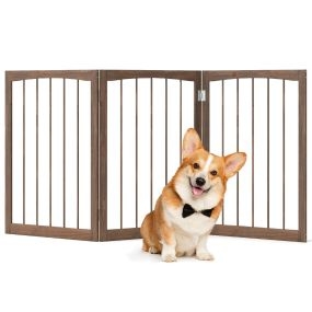 Barrera para Perros de Madera de Abeto con Rotación de 180° Barrera Plegable de 3 Paneles para Perros Pequeños y Medianos Marrón