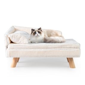 Cama sofá elevada para mascotas con cojín y almohada removibles, patas de madera, blanco 71 x 43 x 40 cm