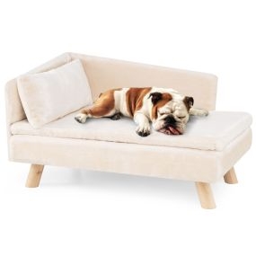 Cama sofá elevada para mascotas con cojín y almohada removibles, patas de madera, blanco 81 x 51 x 47 cm