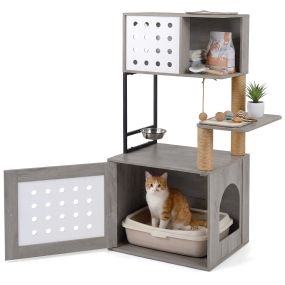 Árbol Rascador Gatos Múltiples Niveles con Postes Sisal Condo Zona Comida Bola Colgante Recinto Caja Arena 117cm Gris