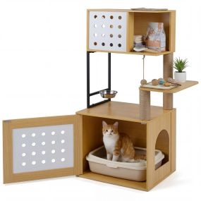 Árbol Rascador Gatos Múltiples Niveles con Postes Sisal Condo Zona Comida Bola Colgante Recinto Caja Arena 117cm Natural