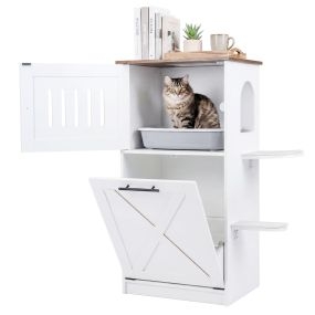 Armario Arenero para Gatos con Armario Abatible 2 Plataformas Almohadillas Rascadoras Sisal Baño Oculto Casa Madera Interior Salón Blanco