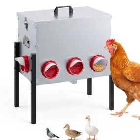 Comedero para Gallinas de 6 Bocas Altura Ajustable con Sellado Impermeable para Corral al Aire Libre Resistente 43 x 30 x 44–56 cm Plateado