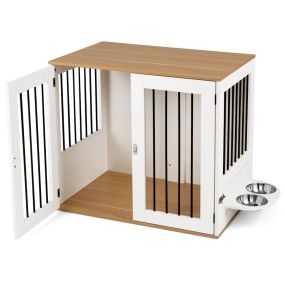 Jaula para Perros Mesa Auxiliar con Comedero Giratorio 360° Puertas Doble Cerradura Cuencos para Mascotas Pequeñas y Medianas