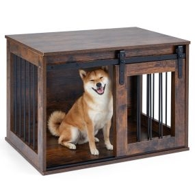 Mueble Jaula para Perro con Puerta Corrediza Estilo Granero Estructura Metálica de Madera para Perros Pequeños y Medianos Marrón Rústico