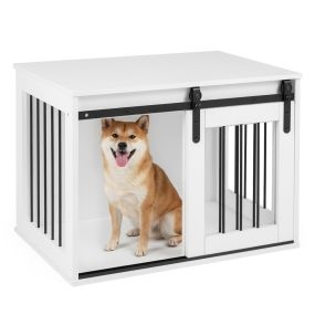Mueble Jaula para Perro con Puerta Corrediza Estilo Granero Estructura Metálica de Madera para Perros Pequeños y Medianos Blanco