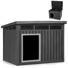 Caseta para Perros Exterior de Plástico con Puerta Techo Inclinado Abatible y Rejillas de Ventilación Mueble Perrera Negro
