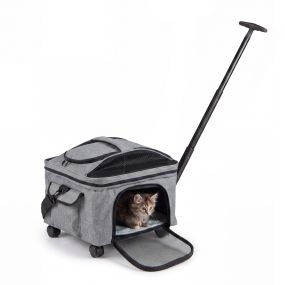 Transportín con ruedas para mascotas gris transpirable extraíble con varilla telescópica 33 x 43 x 35 cm