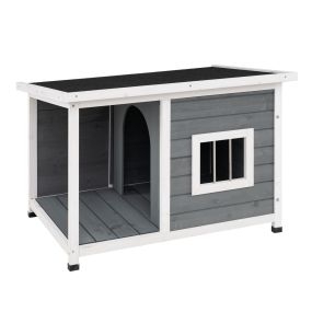 Casa de perro de madera gris con terraza y techo de asfalto resistente al agua 86 x 63 x 60 cm