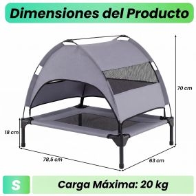 Cama elevada pequeña para perros con dosel transpirable portátil 78,5 x 63 x 70 cm gris