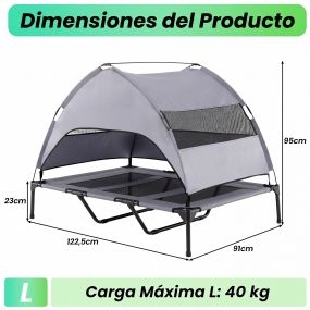 Cama elevada para perros con dosel transpirable portátil para camping y exterior 122,5 x 91 x 95 cm gris