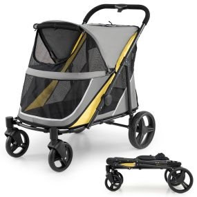 Cochecito plegable para mascotas con freno doble, malla transpirable, hasta 100 kg, gris y amarillo