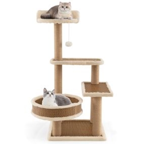 Torre para gatos de interior de 4 niveles con tapete de ratán y juguete de bola colgante