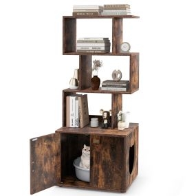 Mueble para gatos con baño oculto, 3 estantes, entrada lateral, puertas, 60 x 45,5 x 142 cm, marrón