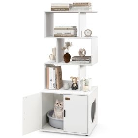Mueble para gatos con baño oculto, 3 estantes abiertos, entrada lateral, blanco, 60 x 45,5 x 142 cm