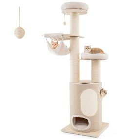 Árbol rascador para gatos de madera 187 cm con condominio de 2 pisos, hamacas, postes de sisal, tapete, pelota y cojines