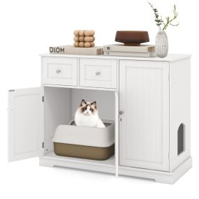 Mueble para Caja de Arena para Gatos Gabinete Lateral para Lavado Oculto de Gatos con 2 Cajones 3 Puertas Dispositivos Antivuelco Blanco