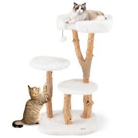 Árbol para Gatos de Madera Maciza Torre de Gato Moderna de 110 cm con Plataforma Postes Rascadores de Yute Natural Bola Colgante Blanco