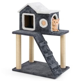 Árbol para gatos moderno de 90 cm gris de 3 niveles con techo abrible y postes de sisal