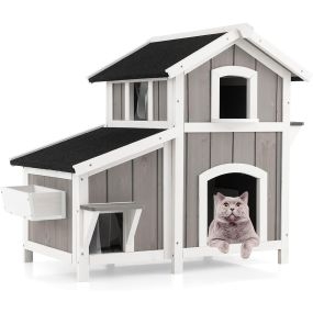 Casa para gatos de 2 pisos de madera para exterior con techo asfáltico impermeable gris