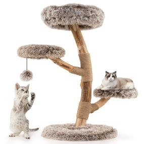 Torre para gatos de madera de peral sólida con plataforma y postes para rascar naturales