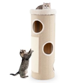 Casa para gatos de 4 niveles con cueva, cama removible y rascador de sisal 43 x 113 cm beige