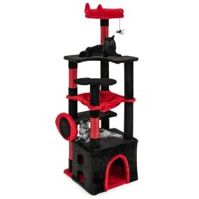 Árbol rascador gótico para gatos de interior con percha de felpa, juguete colgante, tablero y hamaca rojo
