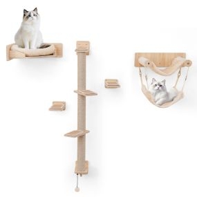 Estantes de pared para gatos de 5 piezas con hamaca de doble capa, cama con cojín, 2 plataformas y torre poste para arañar natural