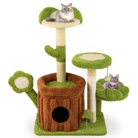 Árbol para gatos con condominio, percha en forma de flor, cama de peluche, pompones, postes y tablero rascadores verde y marrón