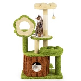 Árbol para gatos de bosque con condo, tronco, plataforma floral, rascador de sisal y juguetes verde y marrón