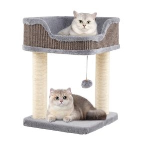 Torre para gatos de 2 niveles con percha de felpa, 2 postes rascadores de sisal y bola colgante, gris, 38 x 38 x 51 cm