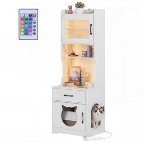 Recinto Caja Arena Gato Luz LED Ajustable Mueble Oculto 152cm Estantes Carga Cajón Armario 20Modos Control Remoto Blanco