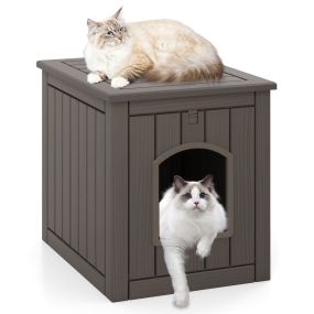 Casa para gatos interior y exterior con enclosure para caja de arena, puerta frontal abatible, piso elevado e impermeable marrón