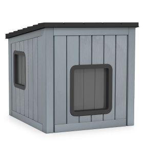 Casa para mascotas aislada para exterior e interior con 2 puertas de PVC y techo inclinado gris