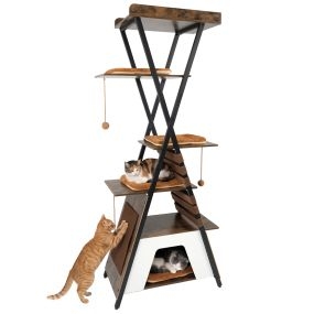 Árbol para Gatos de 185cm Multinivel con 4 Plataformas Cojines Cueva Alfombra Rascadora Bandas Elásticas Bolas Colgantes Marrón Rústico