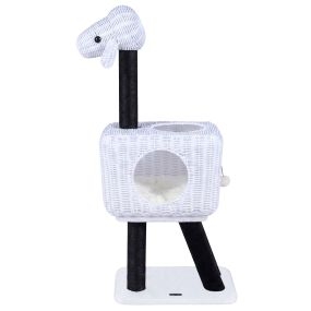 Árbol para Gatos 110cm Ratán PE con Postes Sisal Cojín Felpa Bola Colgante 2 Entradas Casita Cordero Interior Salón Blanco