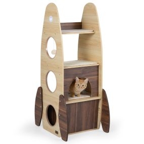 Torre para gatos cohete de madera con rascador de sisal, plataforma acolchada y bola colgante