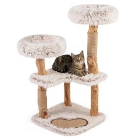 Torre para gatos de madera lujo boho interior con 2 posaderos acolchados y postes rascadores