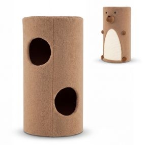 Casa Árbol para Gatos de 2 Niveles con Forma de Oso Pardo Alfombrilla de Sisal para Rascar Cueva Escondida Barril Juegos Interior