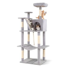 Árbol para gatos interior 158 cm multinivel con percha, felpa, condominio, hamaca, postes de sisal, rampa y bola colgante gris