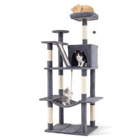 Árbol para gatos interior 158 cm multinivel con percha, felpa, hamaca, postes de sisal y rampa gris oscuro