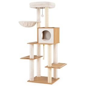 Torre de Gatos Moderna 148 cm con Postes de Sisal Plataformas Cesta y Juguetes Lavable Natural y Blanco
