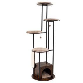 Árbol para Gatos de Metal y Madera con Refugio Rascador y Pelotas de Juego Resistente para Descanso y Diversión Felina 183 cm Marrón Rústico