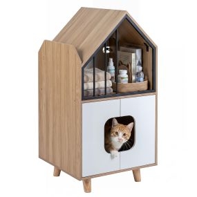 Mueble para Gato de Madera con Refugio Superior y Armario para Bandeja Sanitaria Resistente para Mascota 50 x 48,5 x 100 cm Natural y Blanco