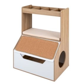Armario para Gato de Madera con Refugio Inferior Rascador y Estante de Almacenaje Resistente 70 x 48,5 x 98,5 cm Natural y Blanco