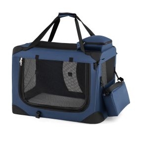 Transportín plegable talla S para mascotas con ventanas de malla, 3 puertas, cama de felpa y bolsillos, azul