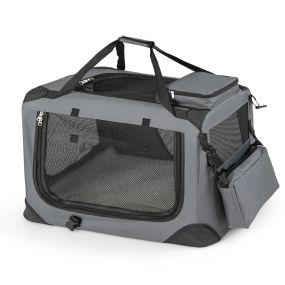 Transportín plegable talla S para mascotas con ventanas de malla, 3 puertas, cama de felpa y bolsillos, gris
